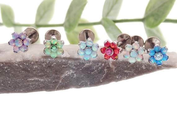 Implant Titanium Fire Opal Flower Flatback Stud Rings 14g, 16g