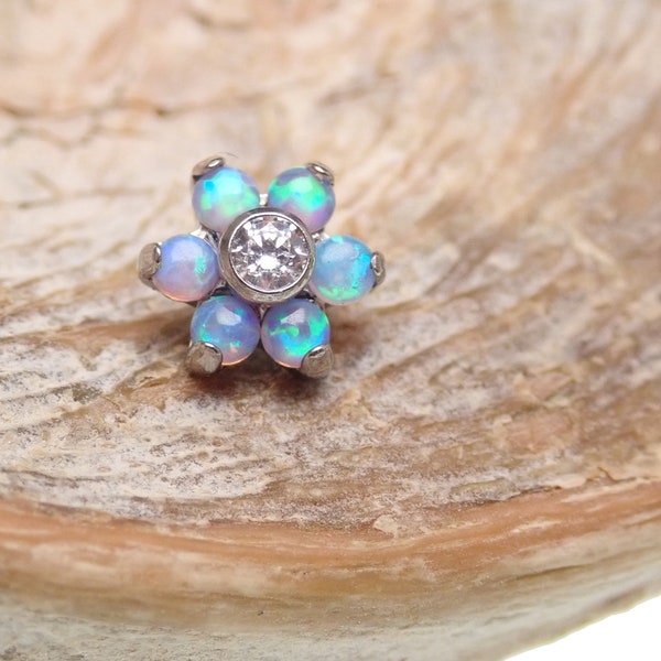 14g - implant titanium internally threaded flower opal top- ideal for 14g dermal, belly ring replacement top - 14g barbell or stems