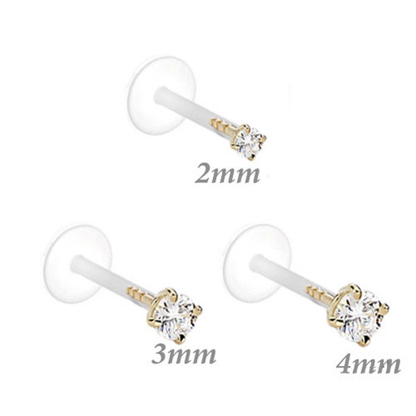 16g Clear CZ Crystal 14k Gold Bioflex Flat Back 2.5mm, 3mm, or 4mm