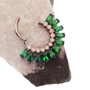 Implant Titanium emerald and champagne CZ Hinged Clicker Segment Hoop Ring 8mm or 10mm (Daith,Septum) 16g or 14g