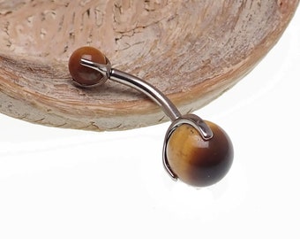 Implante de 14 g titanio 6mm-12mm Tigers Eye stone Prong Set Belly Bar Ring