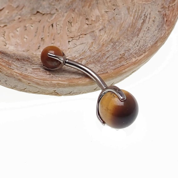 Surgical Steel Tiger's Eye Stone Prong Set Belly Button Ring Surgical Steel Tiger's Eye Stone Prong Set Belly Button Ring