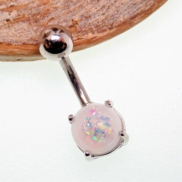 white opal belly ring, 6mm,8mm,10mm choose bar length, pretty small belly ring