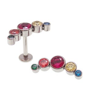 Puede incluir: Dos piezas de joyería corporal con una variedad de gemas coloridas. Una pieza tiene un poste y una fila curva de gemas. La otra pieza tiene un poste con un grupo de gemas. Las gemas son rojas, amarillas, azules, verdes y naranjas.