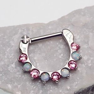 Opala branca e zircônia cúbica rosa 10 mm Sol Titânio Clicker · Septo/Daith/Hélice/Cartilagem/Concha · 16g