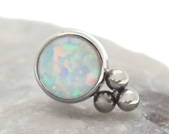 White Opal Beaded Push Fit Threadless Implant Titanium Flatback 20g, 18g, 16g, 14g