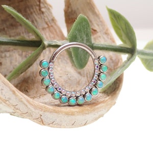 16g Titanium Hinged clicker Kiwi green fire opals and Rainbow AB CZ 8mm & 10mm