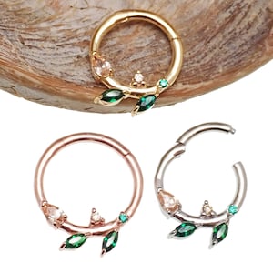 16g Gold/ silver Hinged clicker with Emerald green & Champagne CZ , Septum, Daith, Helix, 16g 8mm or 10mm - hallmark stamped