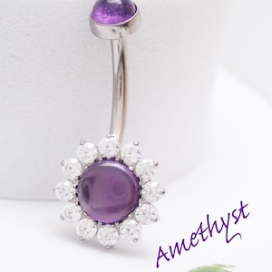 Internally Threaded Titanium Belly Ring | Amethyst Cabochon & Crystal Halo | Hypoallergenic Piercing Jewelry, 14g 10mm