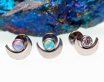 Moon-Shaped Opal Implant Titanium Flatback Piercing 18g, 16g, 14g