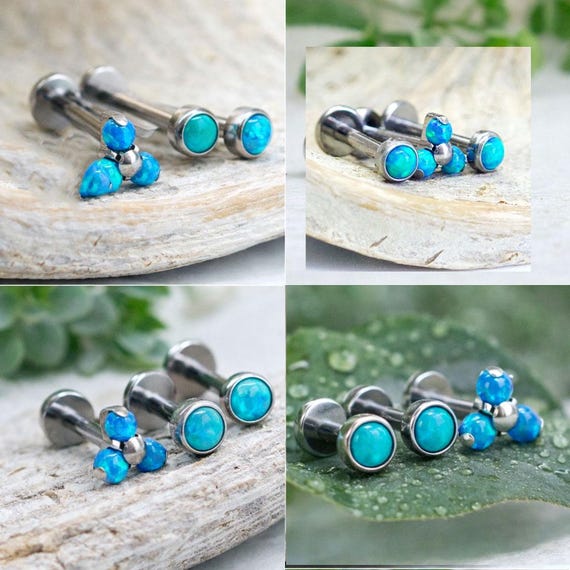 Lot De 3 Piercings Cartilage Opale Bleue - Acier Chirurgical - Neuf
