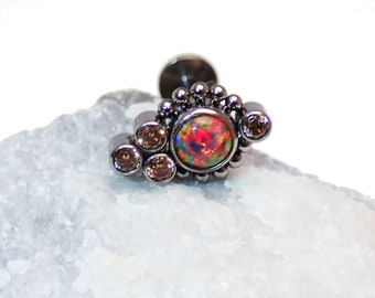 Champagne CZ & Dark Cherry Opal Beaded Cluster Implant Titanium Flatback Piercing 18g, 16g, 14g