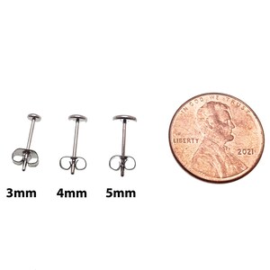 May include: Three stainless steel earring posts in sizes 3mm, 4mm, and 5mm. The earrings are shown next to a US penny for size comparison.