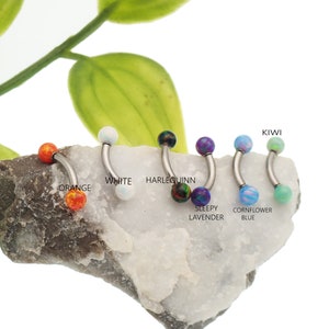 May include: Six curved barbell body jewelry pieces with opal-style balls in orange, white, harlequin, sleepy lavender, cornflower blue, and kiwi colors. Each piece features a metallic curved shaft with two spherical ends labeled with their color names.