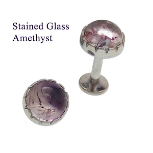 Stained Glass Amethyst natural stone Implant Titanium Flatback Piercing 18g, 16g, 14g, Single Piercing