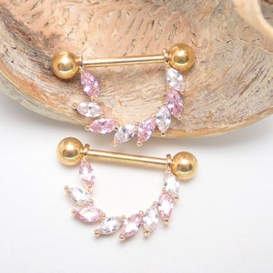 14G Pink & Crystal CZ Leaf Gems on Gold Bar Nipple Rings