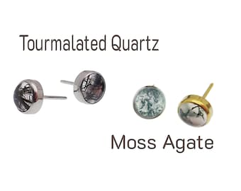 Top only titanium threadless push fit tops, Semi Precious stone Moss Agate or Tourmalated Quartz replacement top only 4mm- ASTM-F136 tianium
