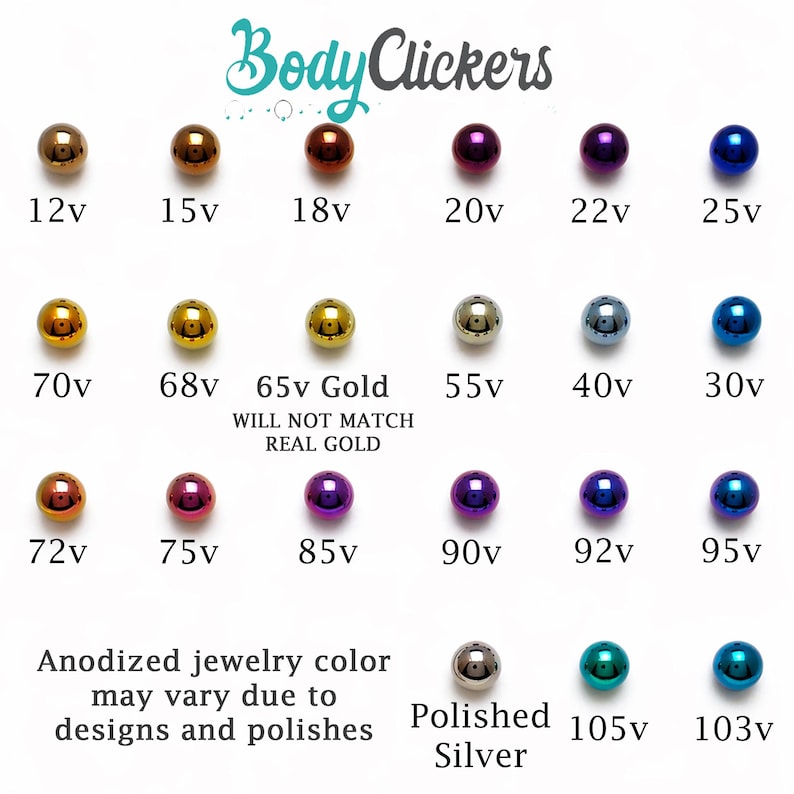 May include: A color chart for BodyClickers featuring rows of small, spherical beads in various metallic and iridescent shades. Each bead is labeled with a voltage code, such as 12v through 105v, with text noting that anodized jewelry colors may vary.