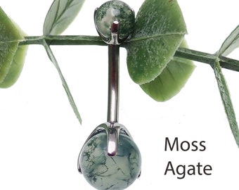 Barra para el ombligo de titanio con implante de ágata musgosa: rosca interna de 14 g, 6 mm, 8 mm, 10 mm, curva de 12 mm, piedra natural, hipoalergénica, se retiran ambos extremos.