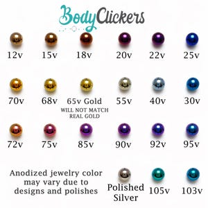 以下が含まれることがあります： 「Body Clickers」のロゴが上部に配置された、金、紫、青など様々な色の陽極酸化処理されたジュエリーボールのコレクション。画像には、各ボールにテキストラベルが付いた、さまざまな色とサイズが表示されています。