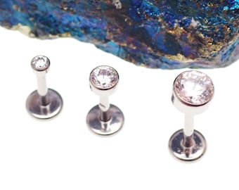 Cubic Zirconia Titanium Threadless Labret, Flat Back, Push Fit