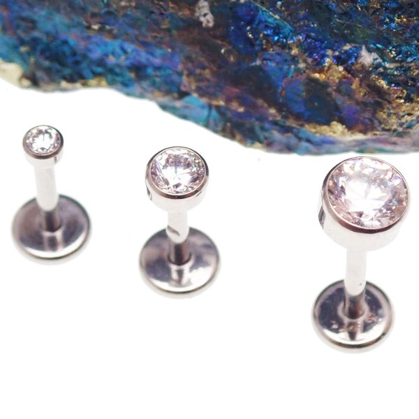Cubic Zirconia Titanium Threadless Labret, Flat Back, Push Fit