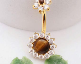 Anneau de nombril oeil de tigre : titane de qualité implantaire, bijoux de nombril hypoallergéniques 14 g