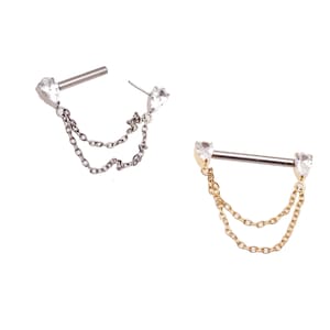 Piercing para pezón de titanio con forma de lágrima de circonita cúbica y cadena, ajuste a presión, 12 g, 14 g y 16 g