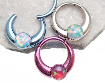 14G /16G implant titanium hinged seamless clicker with 5mm fire opal, septum daith piercings, choose custom opal  color