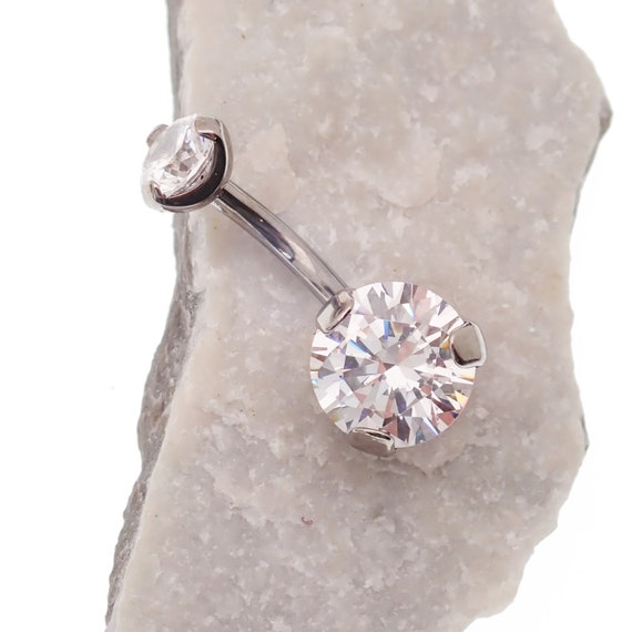 Implant Grade, Titanium Internally ,Threaded Prong Set (no glue) Belly Button Ring 6mm, 8mm, 10mm 12mm- .Clear Gem autoclave safe, 14g