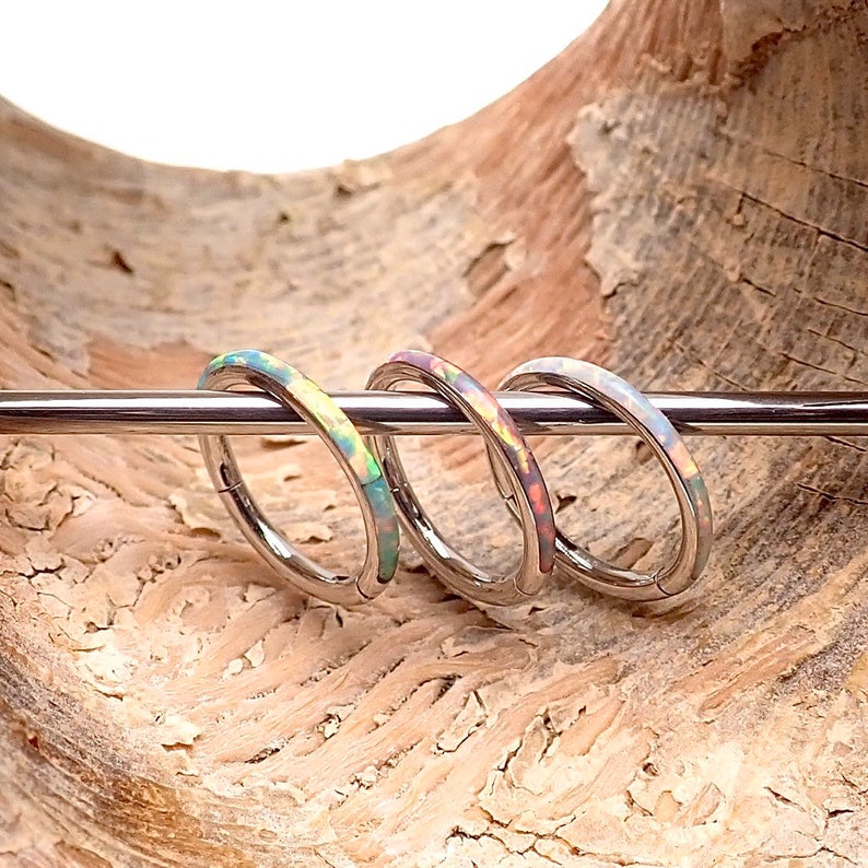 16g Inlaid Opal Surgical Steel Hinged Clicker Segment Hoop Ring Lip, Septum, Daith, Tragus, Nose, Helix, etc...