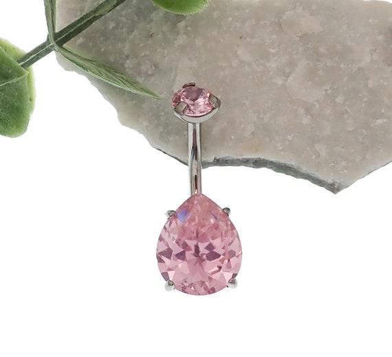 316L Surgical Steel Pink CZ Teardrop Internally Threaded Belly Ring 316L Surgical Steel Pink CZ Teardrop Internally Threaded Belly Ring