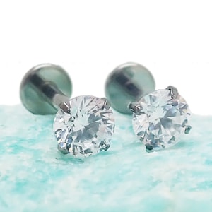 Pair of Clear CZ Crystal Titanium Push Fit Threadless Flatback Earrings 18g, 16g, 14g