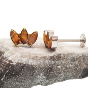 Implant Titanium  Tigers eye ,Threadless Pin Push fit piercing, Petal design , helix, pinner, conch, tragus, flat piercing