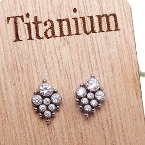 Titanium Implant grade with CZ cluster earrings with zircon crystals, 100% Hypoallergenic, Sensitive ear 20g