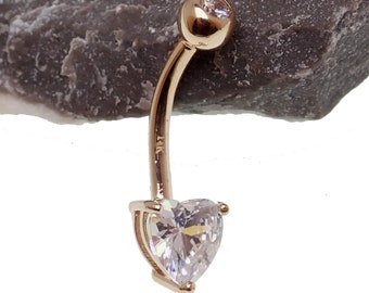 Solid 14k Gold Belly Bar Ring with Crystal Heart Gem ( 14g, 1.6mm )