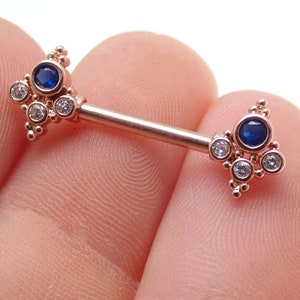 Clear & Blue CZ Beaded Rose-Gold-Dipped Nipple Bars 14g