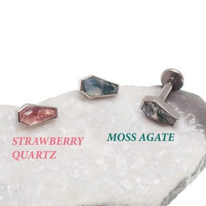 Moss Agate / Straberry quartz , amethyst, onyx, lab, rose ,Coffin Implant Titanium Flatback Piercing 18g, 16g, 14g, medusa, tragus ,ear