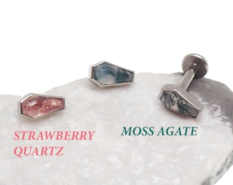 Agate mousse/quartz fraise, améthyste, onyx, laboratoire, rose, piercing à dos plat en titane sur implant de cercueil 18 g, 16 g, 14 g, méduse, tragus, oreille
