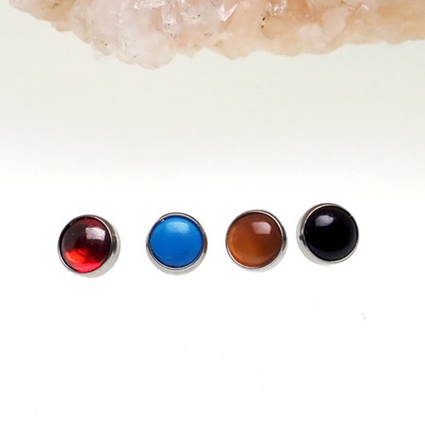 16g or 14g Titanium Natural Stone Internally Threaded Bezel Set Tops ( Turquoise, Onyx, Tigers Eye, Garnet, Sapphire ) loose piercing tops