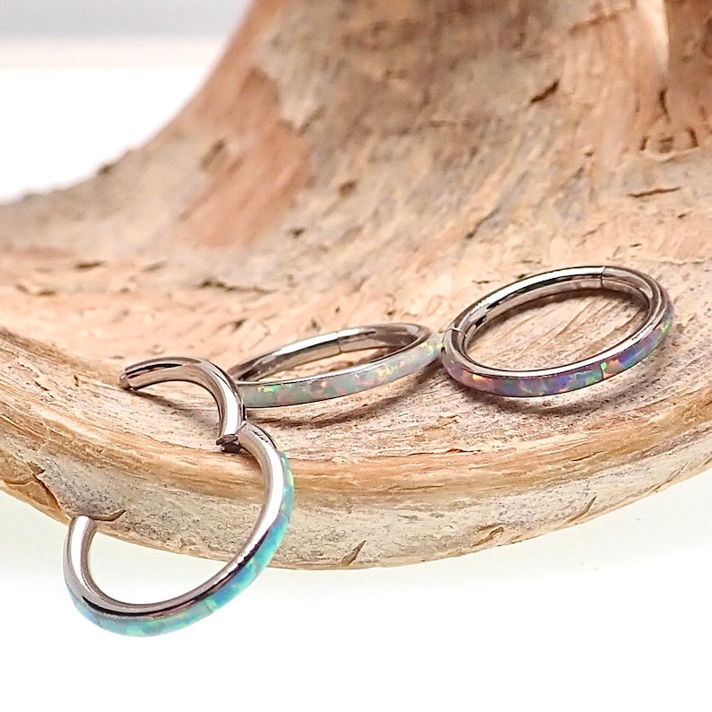 16g Inlaid Opal Surgical Steel Hinged Clicker Segment Hoop Ring Lip, Septum, Daith, Tragus, Nose, Helix, etc...