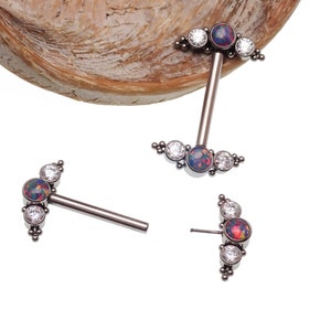 Titanium cute nipple piercing -Dark Space opal and Clear CZ Push Fit Nipple Bar 14g  ASTM F136 Implant grade