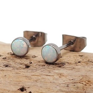 Pair of White Opal 3mm, 4mm, 5mm Hypoallergenic Implant Titanium Earrings - For Sensitive Ears