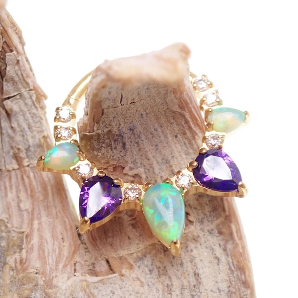 Kiwi Grüner Feueropal / Amethyst CZ 8 mm, 10 mm Titan Clicker · Septum/Helix/Daith / · 16g einzeln verkauft, PVD Gold Finish, hypoallergen