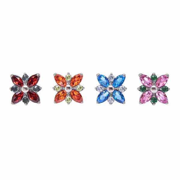 Piercing plano de titanio con circonita cúbica y flor floreciente, rosca interna