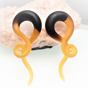 1 Pair (2 Pieces) -black and amber yellow ombre effect matt Dichroic Glass Spirals zig zags hanger plugs  2g 0g 00g 1/2'', 6mm,8mm,10mm,12mm