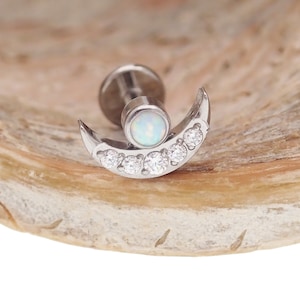 Fire White Opal Moon, Implant Titanium Threadless Push Fit Flatback Piercing 20g, 18g, 16g, 14g (Helix, Conch, Lip, Tragus, Cartilage)