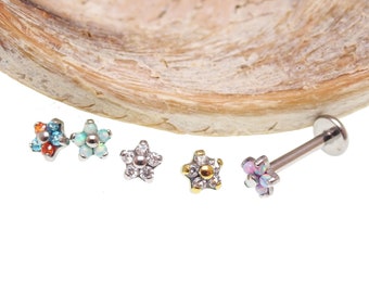 Micro-Flower 4mm Opal / CZ Implant Titanium Flatback Piercing 18g, 16g, 14g