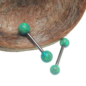 Kiwi Green Fire Opal Balls  Internally Threaded Implant Titanium Nipple Barbell 14g, 12g, hypoallergenic