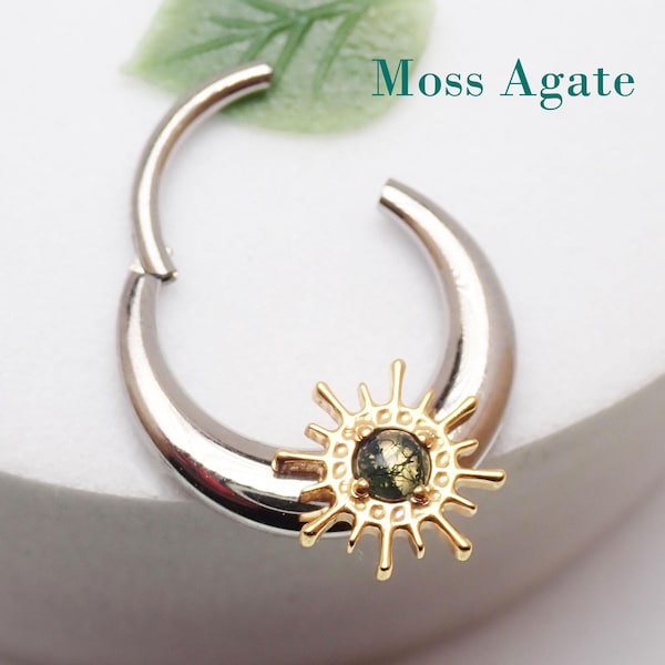 14G /16G implant titanium hinged seamless clicker with gold moss agate sun, septum daith piercings 8mm /10mm